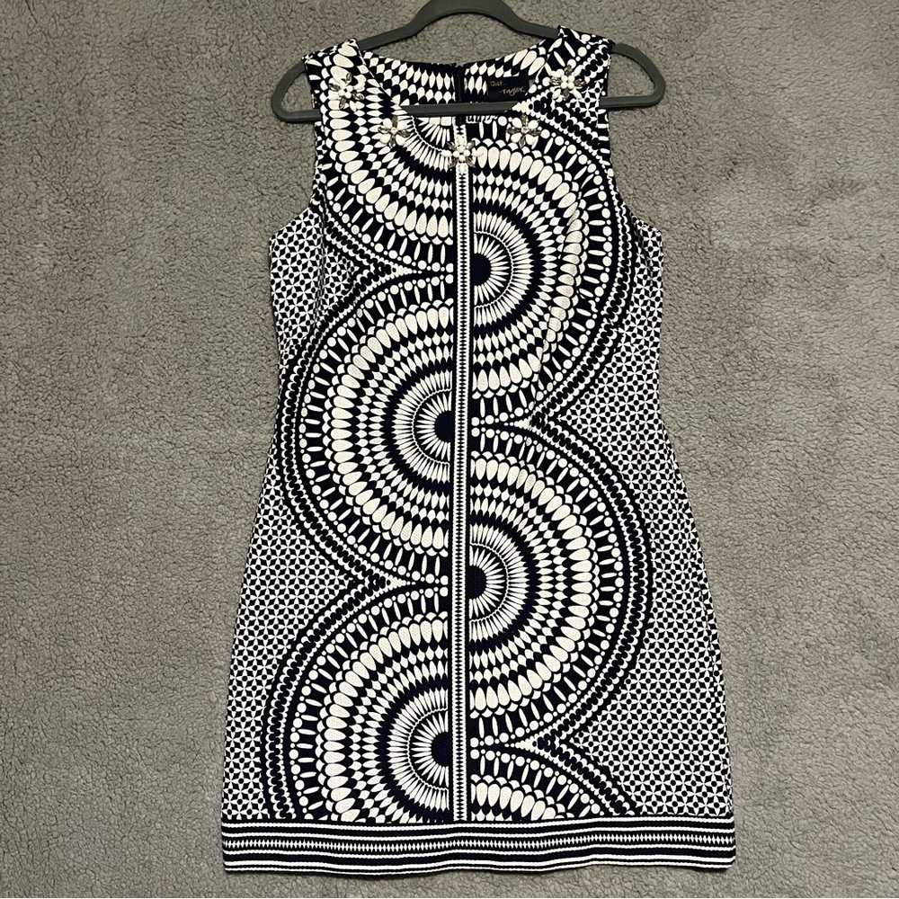 Just Taylor Dress Size 12 Navy and White Patterned Rhinestones